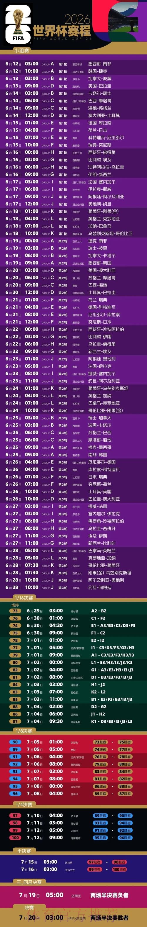 2026世界杯每日赛程高清版完整安排免费观看 2026世界杯每日赛程高清版完整安排免费观看