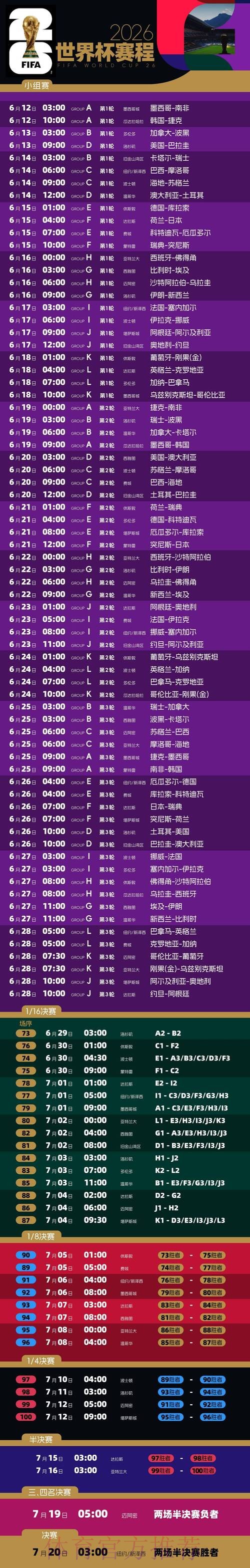 2026世界杯每日赛程一览比赛时间表免费观看